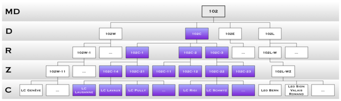 Hierarchy of clubs, zones and regions within District 102-C