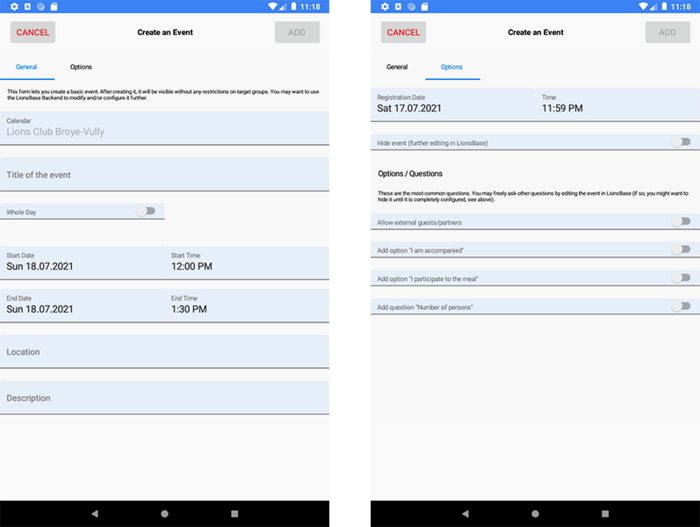 Dialog to create a new event
