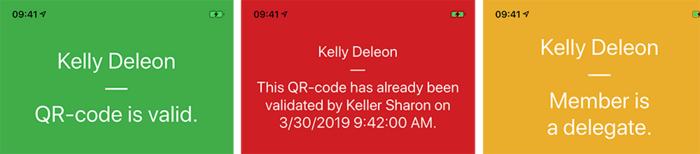 Possible feedback of the QR-code scanner: Valid ticket, Invalid ticket, Valid ticket associated to a delegate