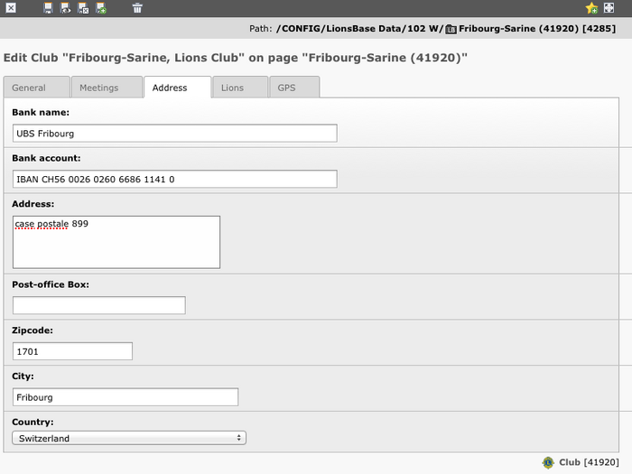 Information bancaire et adresse email du club