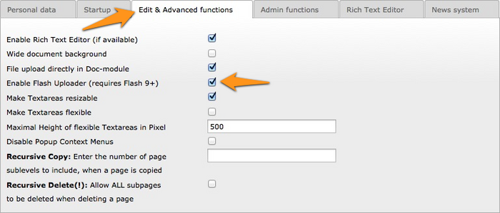 User preferences to enable the Flash uploader
