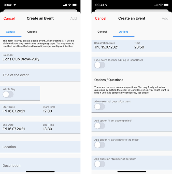 Dialog to create a new event