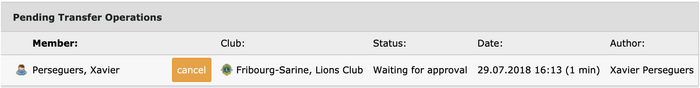Dashboard of the club showing transferred members waiting to be accepted by the new club