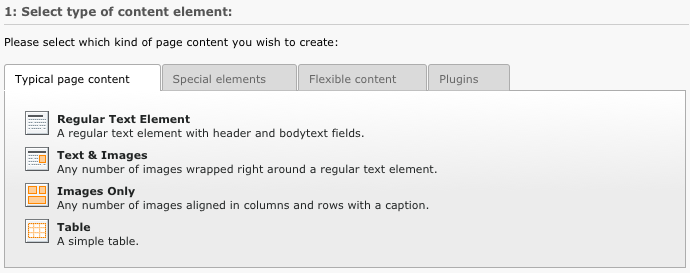 Choosing the type of content element to create