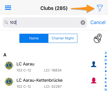 Filtering the list of clubs