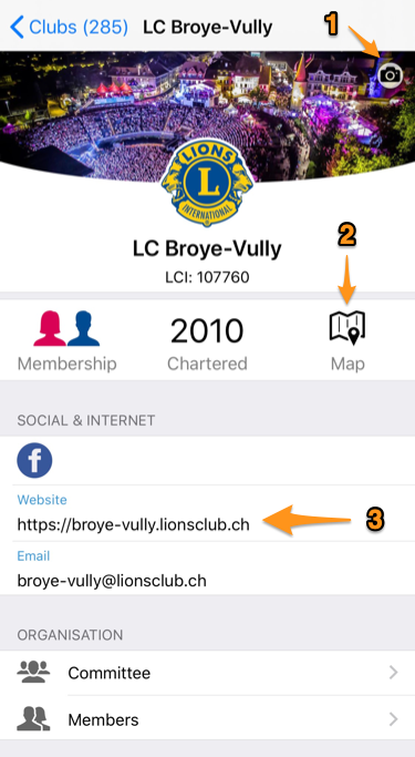 Profile page of a club