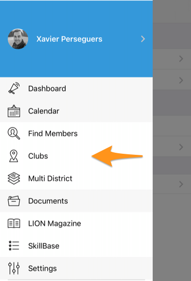 Access to the clubs in the menu