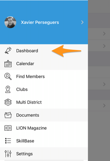 Menu of the LionsBase mobile application