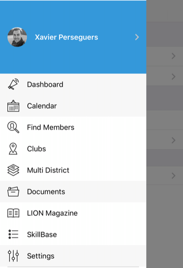 Menu of the LionsBase mobile application