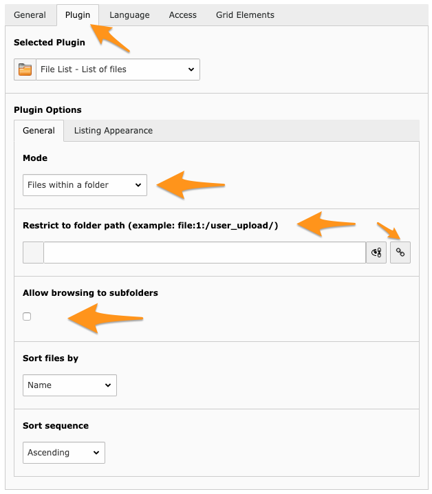 Configure the plugin List of files