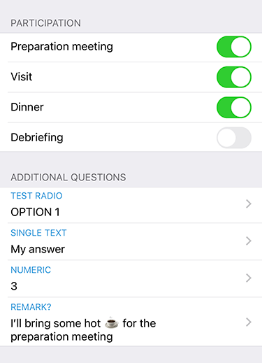 Presentation of questions in the mobile application