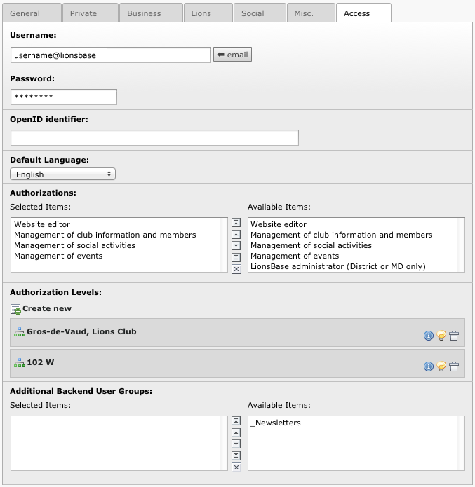 Overview of the access right of a member