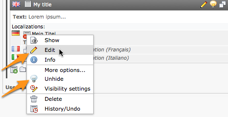 Popup menu of a translated block of content