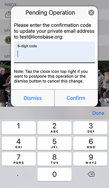 Enter the verification code to confirm the change of an email address