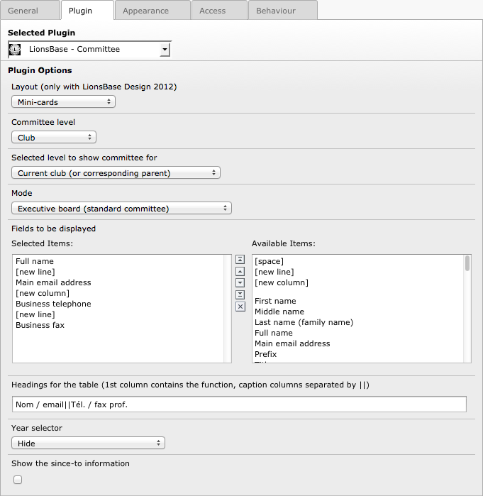 Configuration options for the plugin