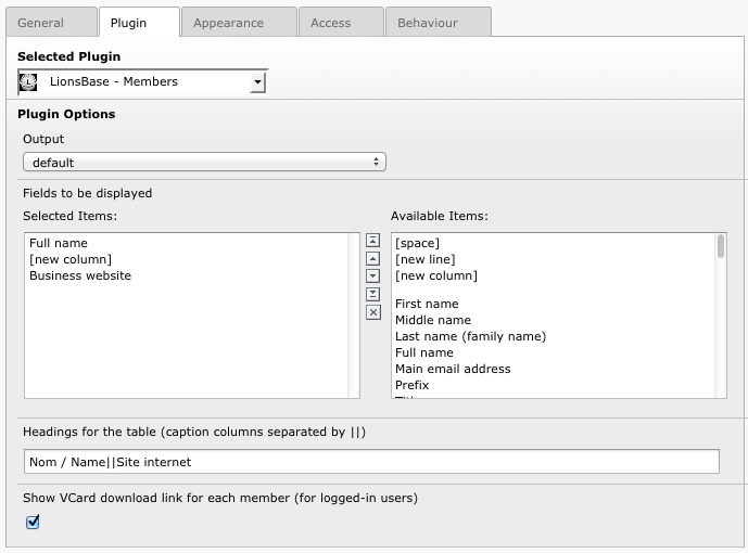 Configuration options for the plugin