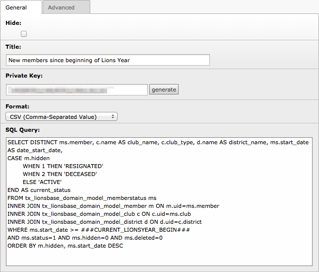 SQL query for an export configuration record