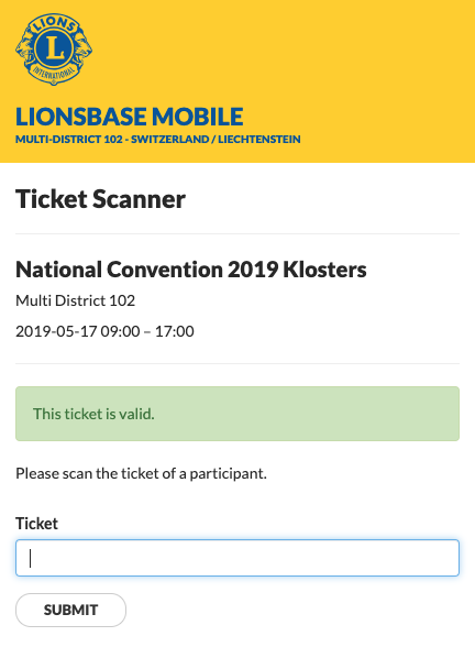 Confirmation screen for a valid ticket