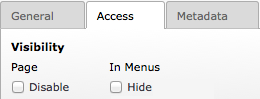 Access tab allowing pages to be hidden in menus