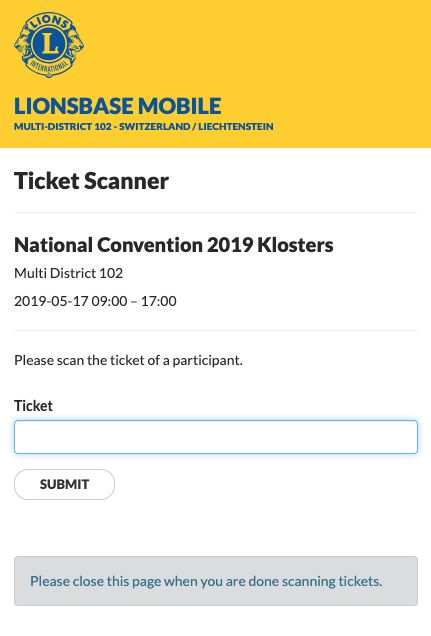 Screen to scan a ticket